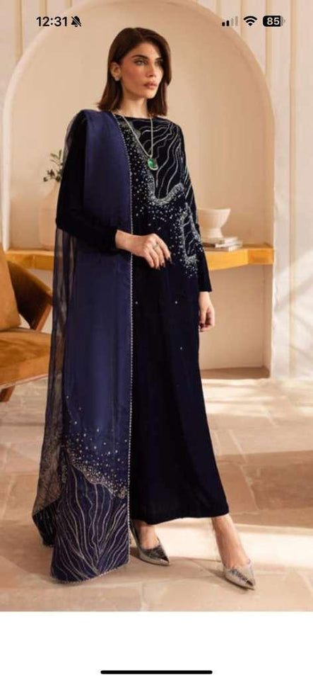 Elegant Velvet Serenity: With Organza Dupatta