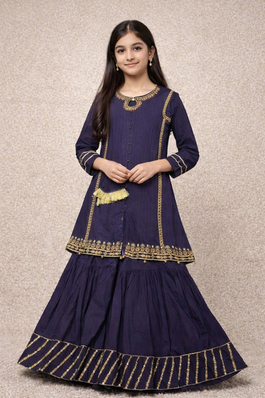 Navy Blue Embroidered Gharara Set for Girls (Ages 12–14) – Elegant Traditional Outfit