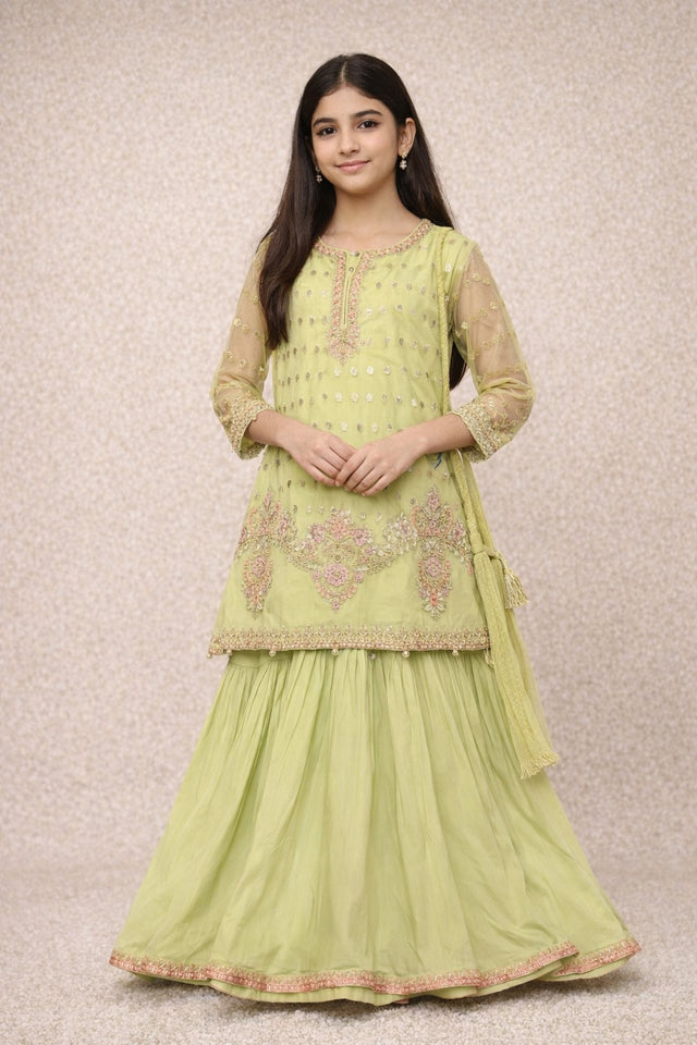 Light Pistachio Green Embroidered Gharara Set for Girls (Ages 12–14) – Festive & Elegant Wear