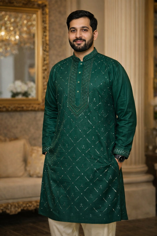 Emerald Green Premium Embroidered Kurta for Men – Festive & Formal Wear
