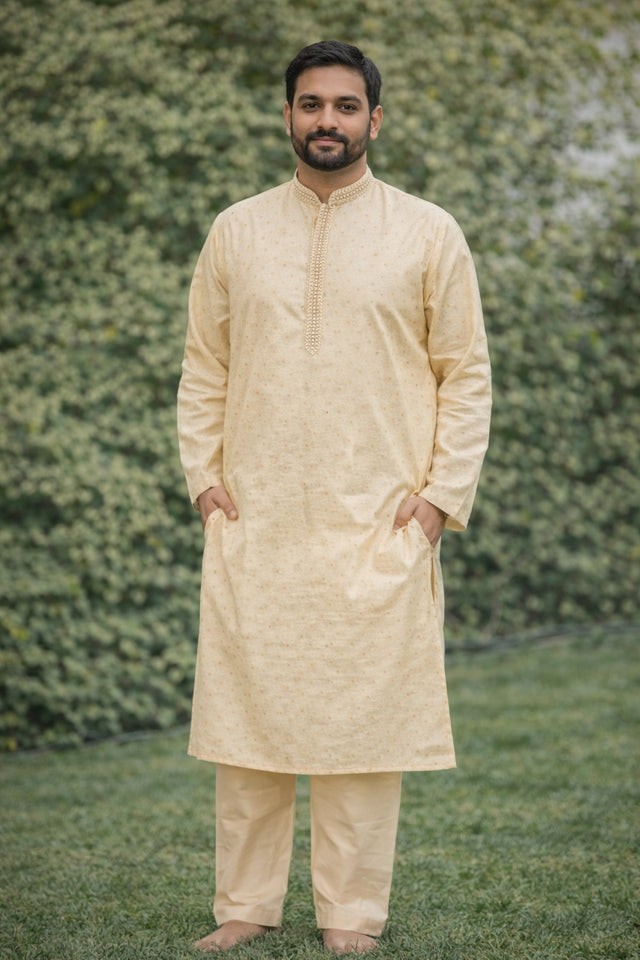 Beige Classic Embroidered Kurta for Men – Elegant Festive Wear